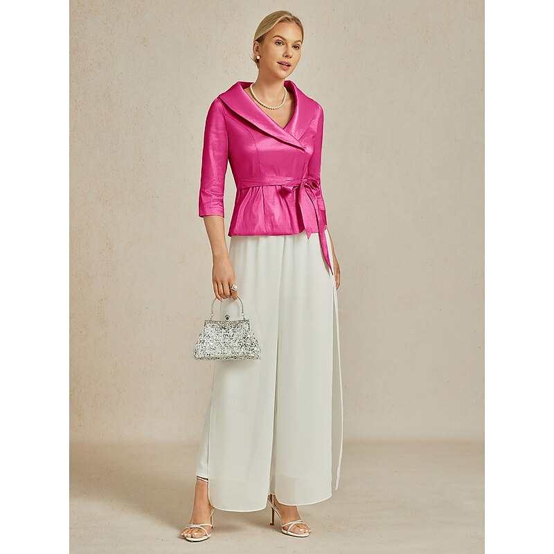 Women's Blouse Evening Tops Elegant Metallic Stylish 3/4 Length Sleeve V Neck Regular Tops Wedding Guest Evening Party Semi Formal Tie Front Fuchsia Spring, Fall, Winter, Summer2