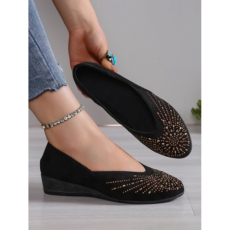 Black Faux Suede Flat Shoes for Women – Comfortable Slip-On Flats with Rhinestone Detailing, Trendy Casual Footwear3