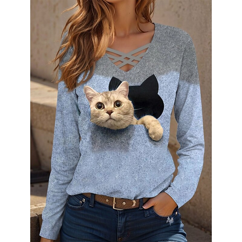 Women's T Shirt Graphic Animal Cat Vintage Stylish Classic Long Sleeve V Neck Regular Tops Daily Cut Out Print Blue Purple Green Khaki Spring Fall2