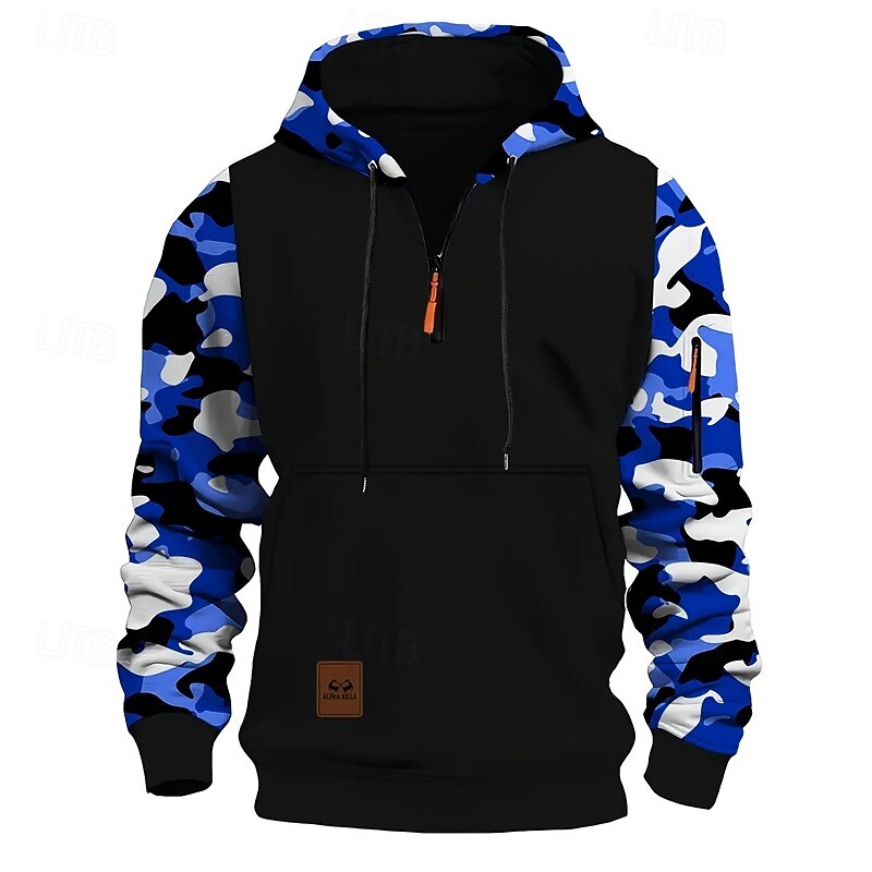 Men's Hoodie Quarter Zip Hoodie Red Blue Green Gray Hooded Camouflage Patchwork Drawstring Sports & Outdoor Daily Holiday Polyester Streetwear Basic Casual Winter Autumn / Fall Clothing Apparel4