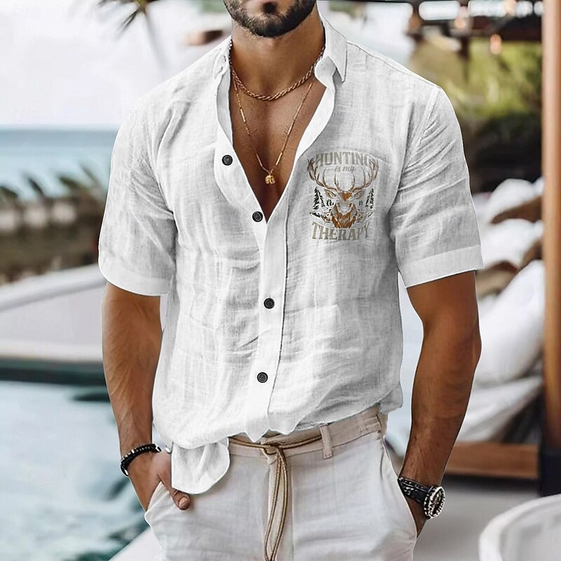 Men's Linen Shirt Casual Shirt Cotton Linen Shirt Button Up Shirt Animal Patterned Vacation Daily Wear Black White Light Green Pink Short Sleeve Lapel All Seasons Clothing Apparel Buckle2