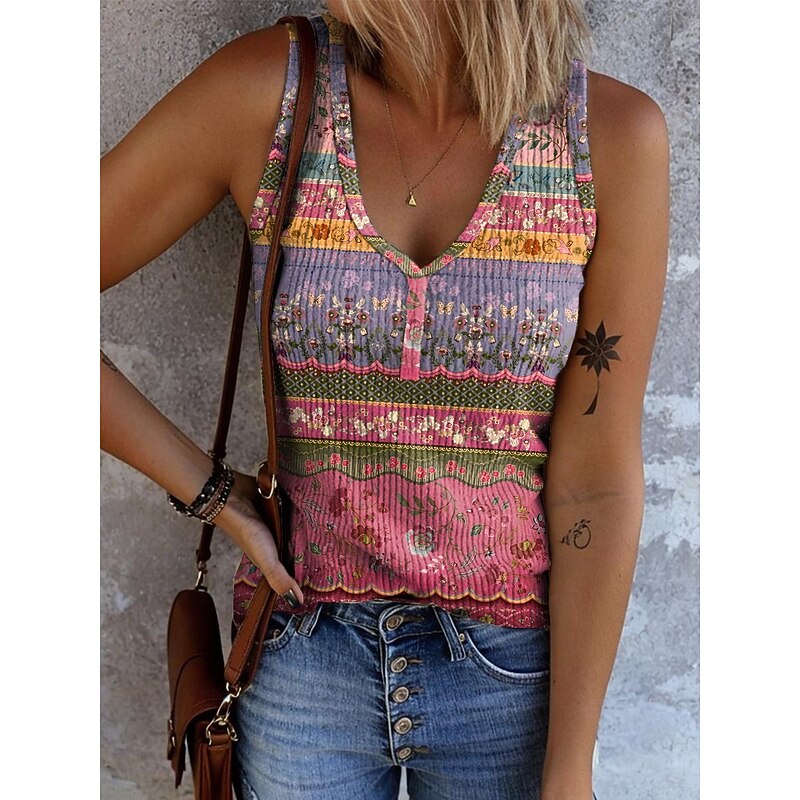 Women's Camisole Tank Top Graphic Geometric Bohemia Vintage Stylish Sleeveless V Neck Regular Tops Daily Print Black Pink Light Brown Orange Brown Summer Spring4