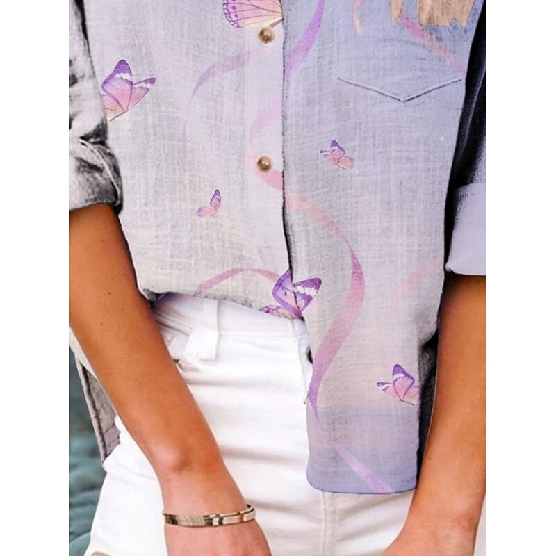 Women's Shirt Butterfly Active Daily Stylish Long Sleeve Shirt Collar Regular Tops Daily Holiday Buttons Print Purple Summer Spring Fall2