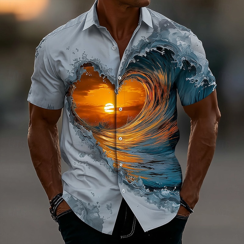 Men's Optical Illusion Ocean Sunset Shirt Summer Shirt Button Up Shirt Short Sleeve Fashion Casual Outdoor Daily Streetwear Summer Spring Turndown 3D Print Collared Shirts Blue