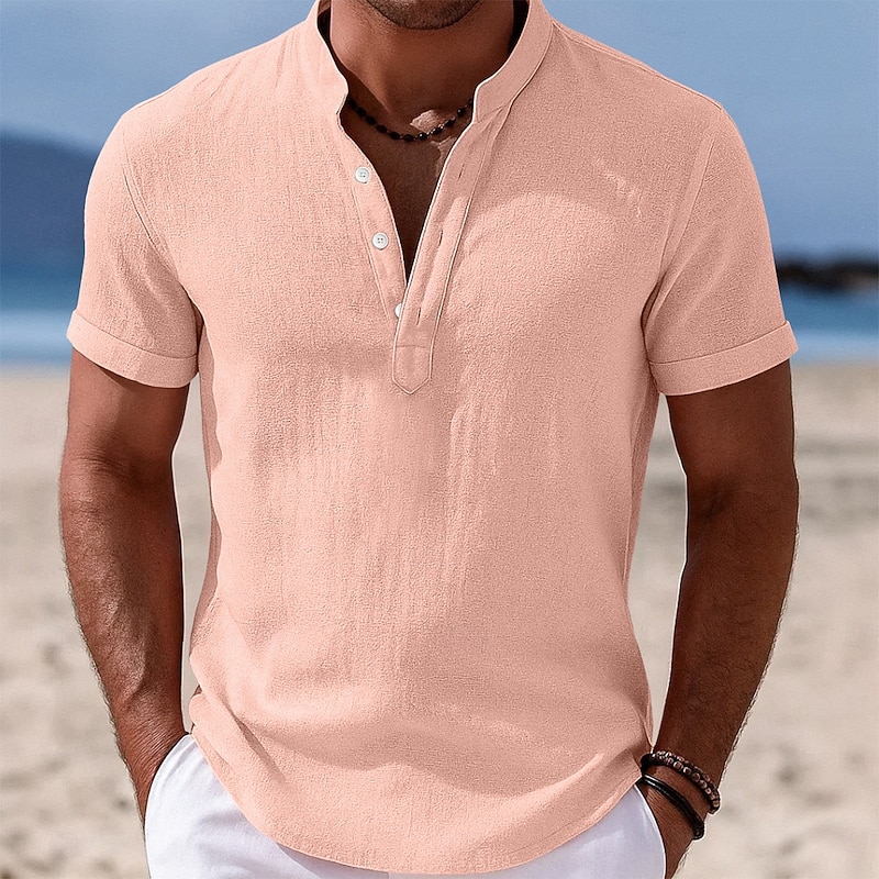 Men's Shirt Linen Shirt Popover Shirt Summer Shirt Beach Wear Band Collar Shirt Plain Vacation Casual Black White Yellow Pink Short Sleeve Stand Collar Summer Clothing Apparel