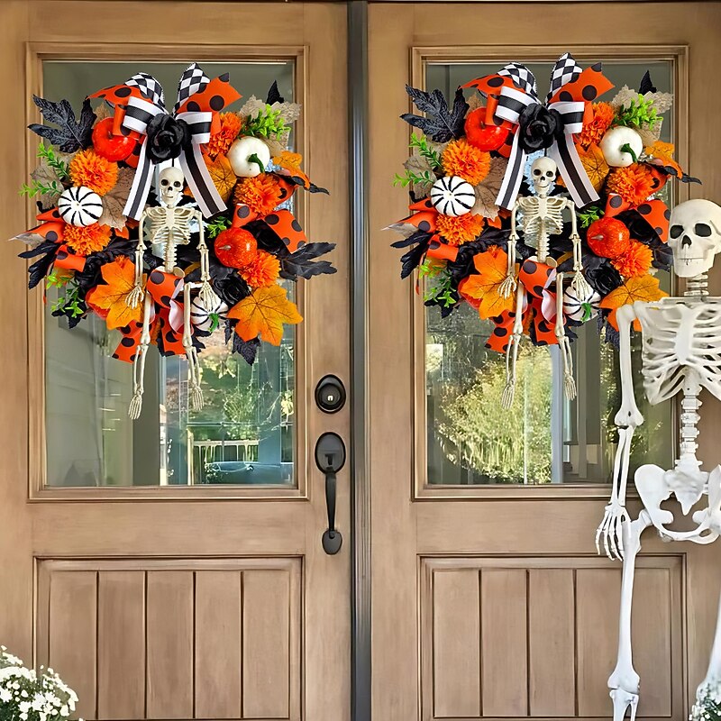 Halloween Skeleton Wreath for Front Door Indoor Outdoor Decoration, Maple Leaf Pumpkin Skull Garland with Twigs and Faux Flowers, Spooky Vine Ring for Party Decor2