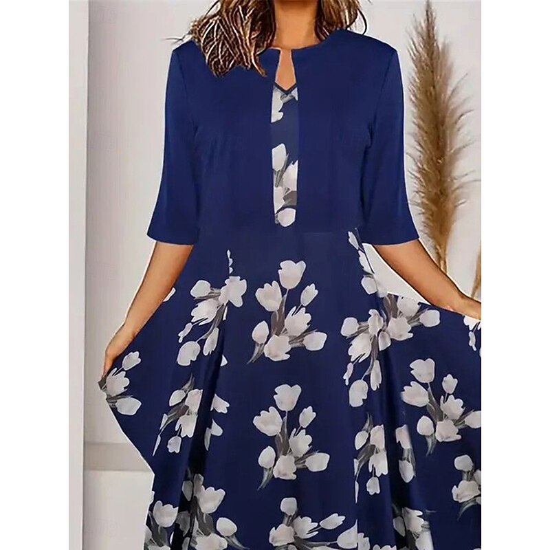 Women's Two Piece Dress Sets Midi Dress with Jacket Elegant A Line Dress Half Sleeve Casual Semi Formal Floral Graphic Print Crew Neck Date Navy Blue Regular Fit2