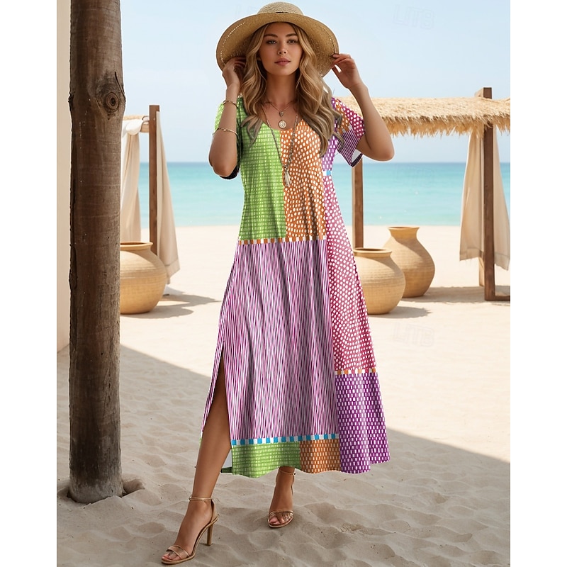 Women's Maxi Dress T Shirt Dress Tee Dress Sundress Shift Dress Vacation Casual Beach Party Beach Regular Fit Geometric Stripe Short Sleeve Crewneck Yellow Pink Red Blue Summer Spring4