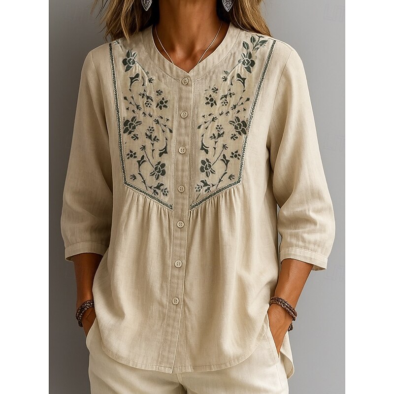 Women's Cotton Linen Shirts Floral Bohemia Casual 3/4 Length Sleeve Crew Neck Regular Tops Daily Embroidered Green Apricot Summer Spring Fall