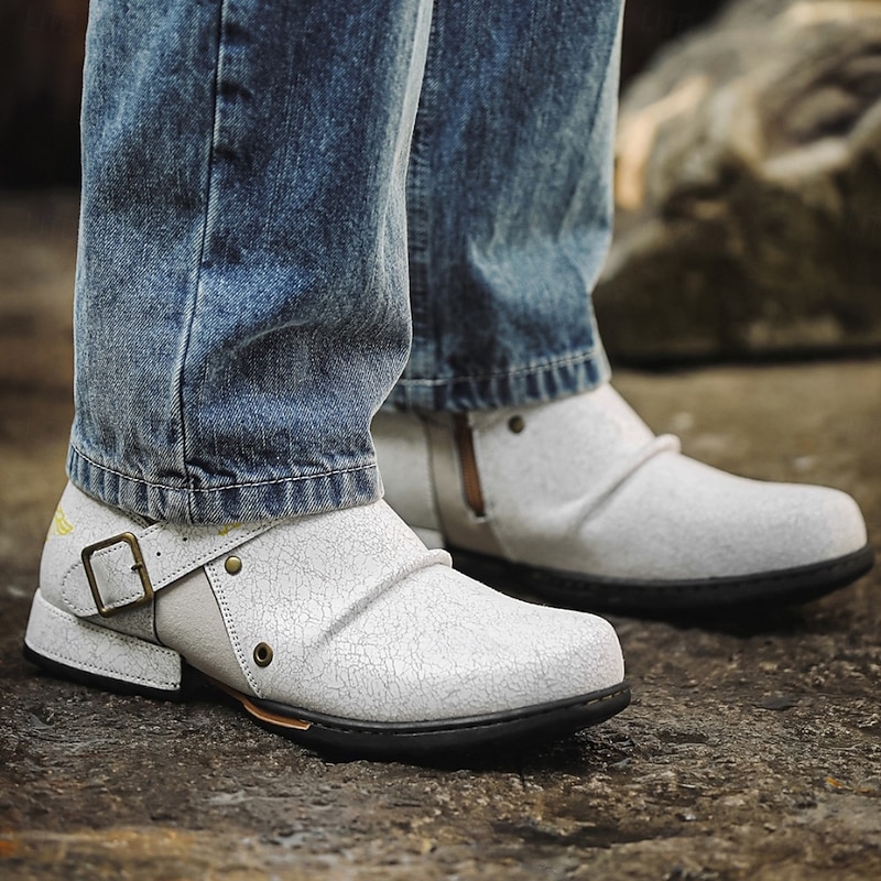 Men's White Faux Leather Moto Ankle Boots with Buckle Straps – Punk Style Fashion Boots for Parties and Streetwear3