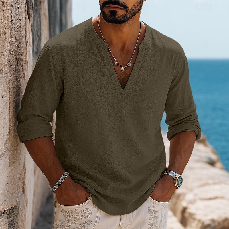 Men's Shirt Linen Shirt Viking Style Summer Shirt Beach Wear Plain Vacation Street Green Beige Long Sleeve V Neck Summer Spring Clothing Apparel2