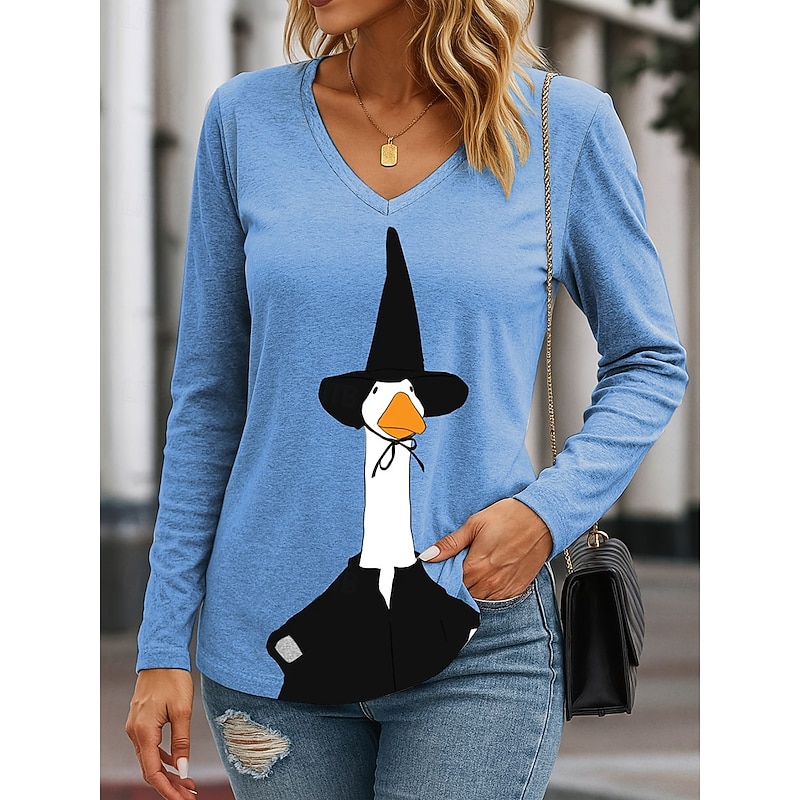 Halloween Women's T Shirt V Neck Long Sleeve Tunic Graphic Halloween Duck Elegant Vintage Stylish Regular Tops Daily Going out Weekend Print Blue Purple Green Khaki Spring Fall2