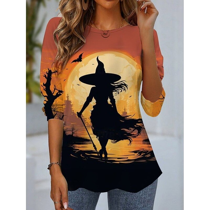 Halloween Women's T shirt Witch Crew Neck Long Sleeve Tunic Graphic Vintage Stylish Classic Round Neck Regular Tops Daily Print Dusty Blue Purple Orange Dark Gray Spring Fall4