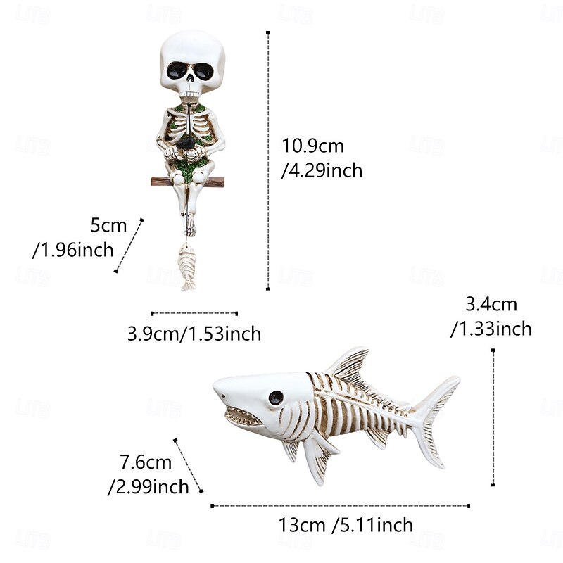 2PCS Halloween Resin Skeleton Fishing Shark Decor, Creative Wall Hanging Ornaments for Home, Fish Tank Landscape, and Light Switch Decoration3