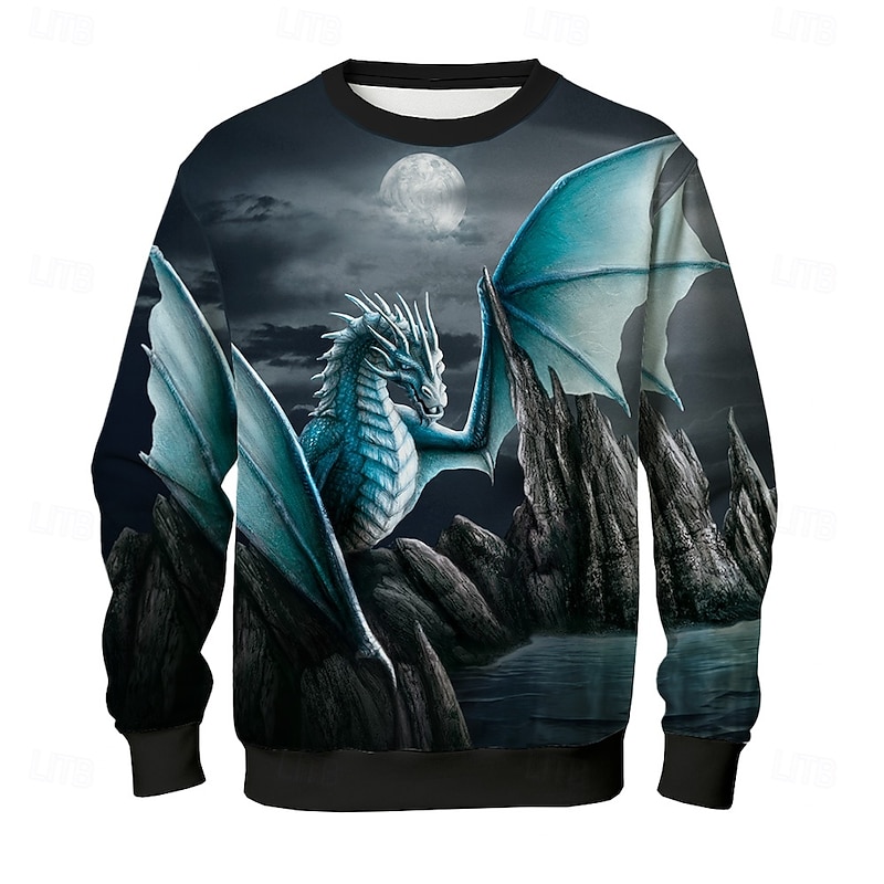 Sarah Richter Men's 3D Sweatshirt Black Crew Neck Dragon Print Party Casual Sports 3D Print Casual Fall Winter Clothing Apparel Hoodies Sweatshirts