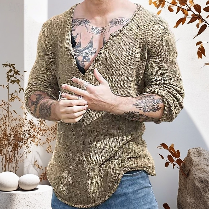 Men's Sweater Pullover Sweater Jumper Ribbed Knit Tunic Knitted Slim Fit Plain V Neck Knitwear Contemporary Casual Daily Wear Clothing Apparel Fall Black Khaki M L XL