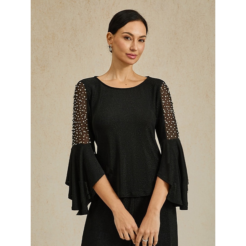Women's Dressy Tops Elegant Daily Ladies 3/4 Length Sleeve Flutter Sleeve Boat Neck Regular Tops Wedding Guest Work Daily Ruffle Glitter Eyelet Black Spring Fall Winter3