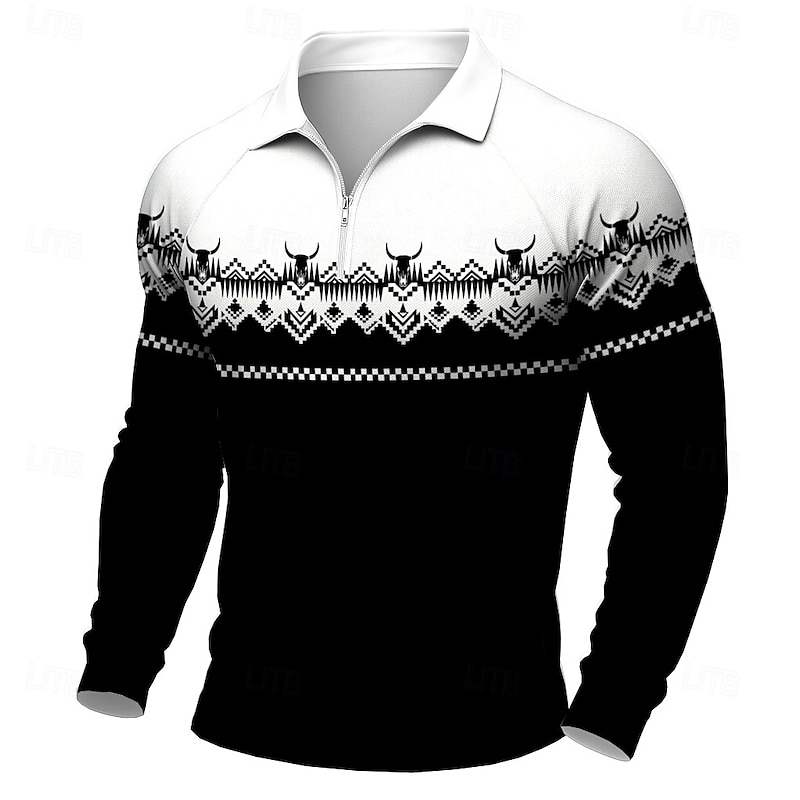 Men's Graphic Western Wear Polo Long Sleeve Polo Shirts Casual Western Style Outdoor Daily Wear 3D Print Quarter Zip Polo Spring Fall Winter Black Blue Brown4