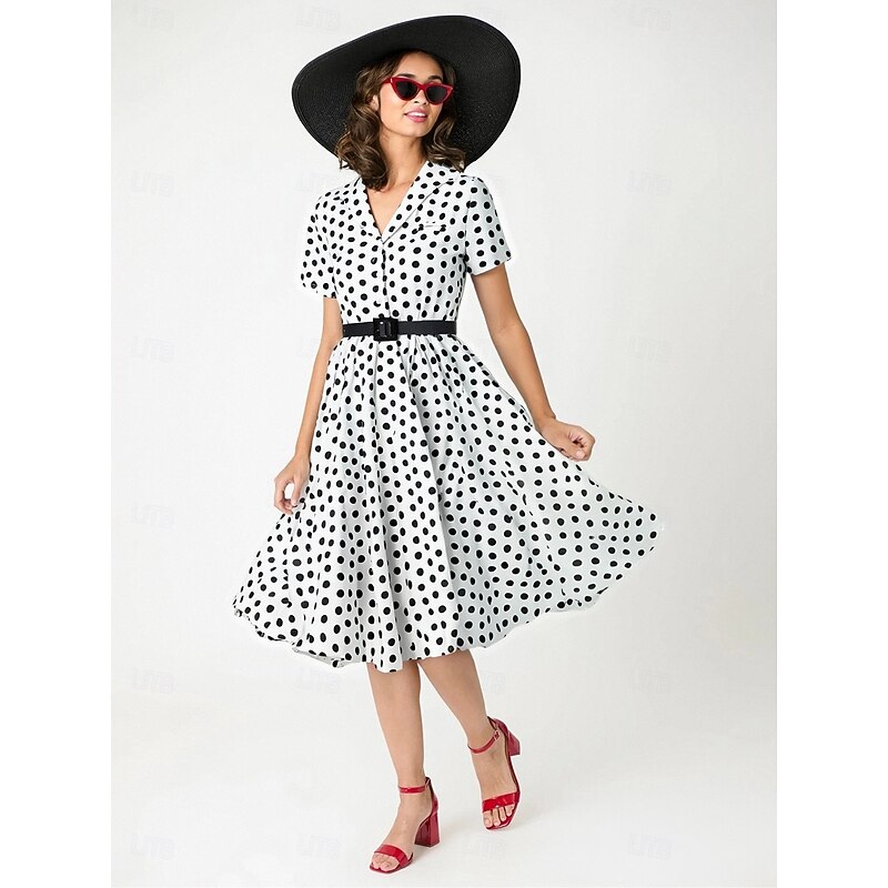 Retro Vintage 1950s Rockabilly Knee Length Swing Dress Flare Dress Shirt Dress With Belt Polka Dot Fancy Dress Women's Carnival Masquerade Vacation Party / Evening Dailywear Adults' Dress Spring