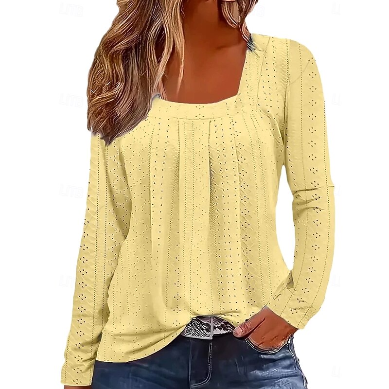 Women's Shirt Lace Shirt Solid Color Graphic Plain Elegant Vintage Stylish Long Sleeve Square Neck Regular Tops Daily Going out Vacation Wear Print White Yellow Rose Pink Light Blue Spring Fall4