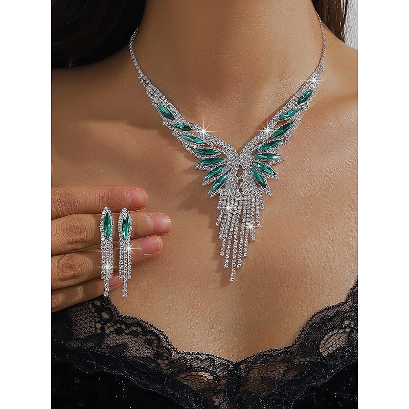 Women's Luxury Crystal Jewelry Set - Silver Plated Necklace and Dangle Earrings with Green Gemstone Accents, Elegant Statement Accessories for Cocktail and Evening Parties