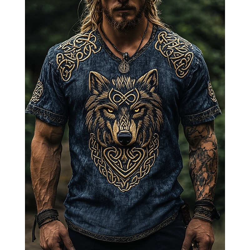 Men's T Shirt Tee Short Sleeve Shirt Tee Top Short Sleeve V Neck Summer Wolf Viking Vintage Designer Ethnic Style Print Vacation Street Going out Black Blue Dark Gray Top Tee for Men