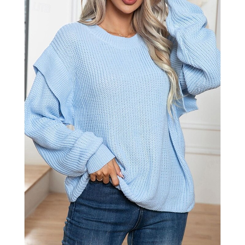 Women's Pullover Casual Solid Color Chunky Crew Neck Knitted Long Sleeve Regular Tops Knit Daily Holiday Going out Pink Blue Fall Winter2