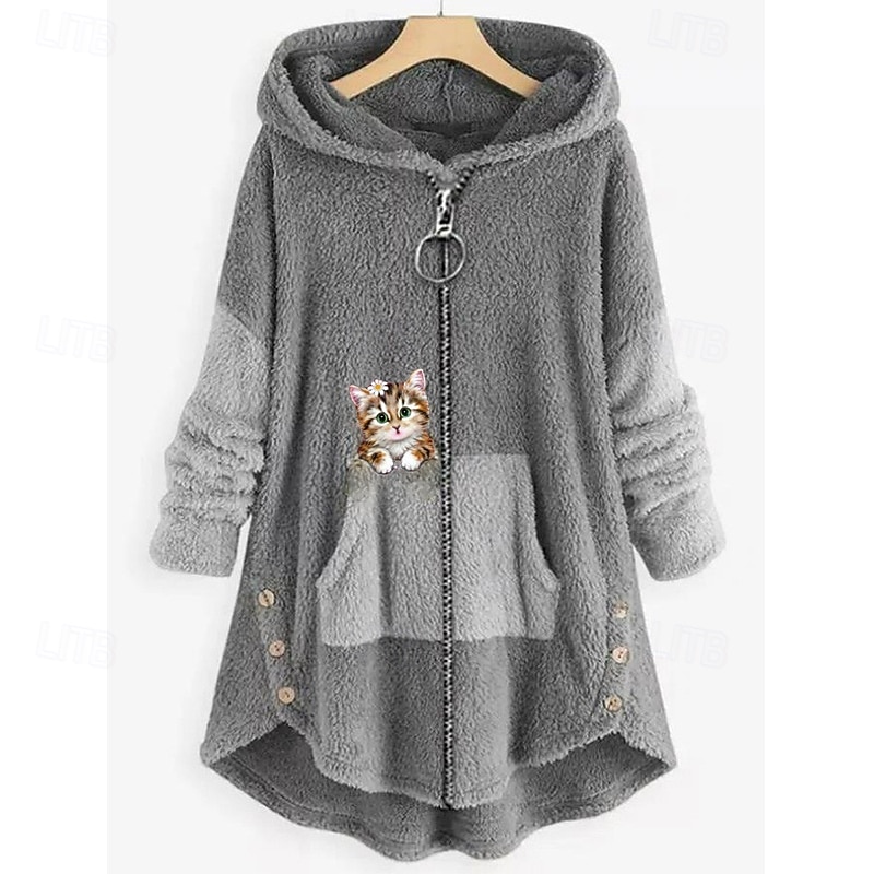 Women's Hoodie Jacket Warm Fleece Lined Pullover Sweatshirt Pajamas Patchwork Zipper Casual Cat Outdoor Vacation Zipper Long Hooded Regular Fit Long Sleeve Outerwear Black Red Army Green Fall Winter3