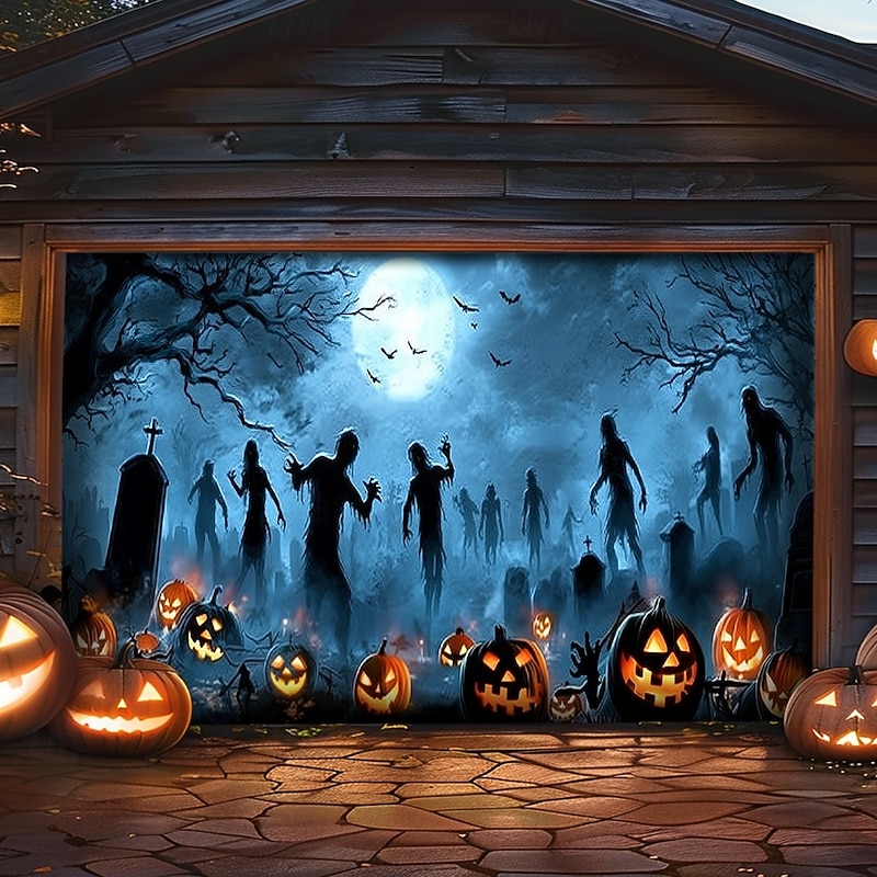 Halloween Garage Door Cover Banner Backdrop – Moonlit Pumpkin Field with Zombie Hands, Oversized Front Yard Decoration for 2025 Halloween, Includes Hanging Accessories