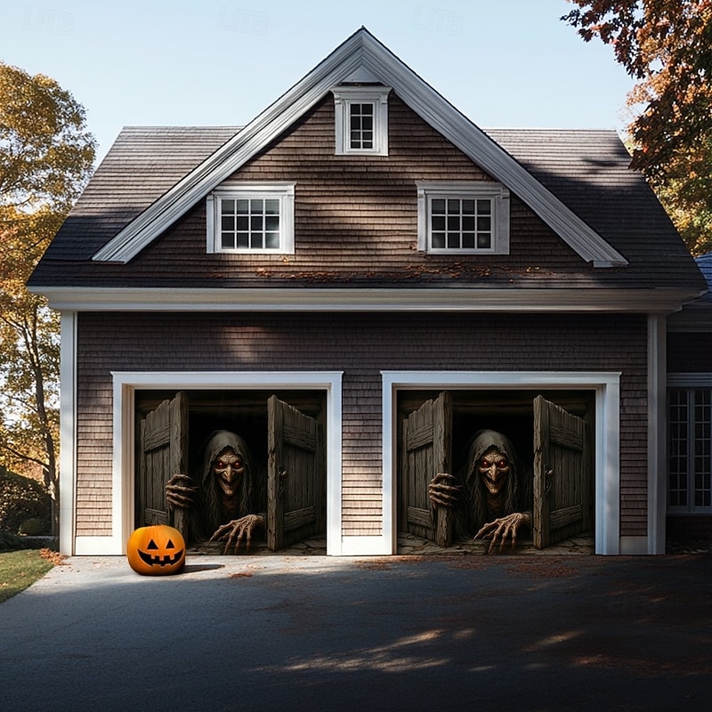 Halloween Garage Door Cover – Creepy Figure Behind Wooden Doors, Spooky Outdoor Decoration for 2025 Halloween Home Front Yard3