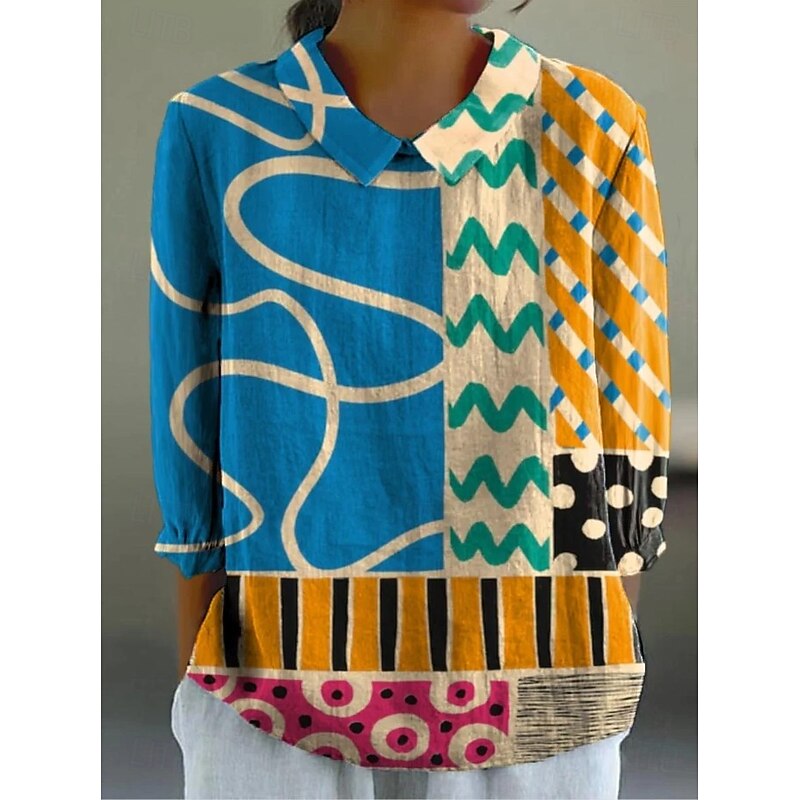 Women's Blouse Long Sleeve Peter Pan Collar Casual Graphic Geometric Daily Stylish Modern Regular Tops Daily Print Green / Blue Yellow Light Brown Blue Rose Pink Summer Spring Fall4