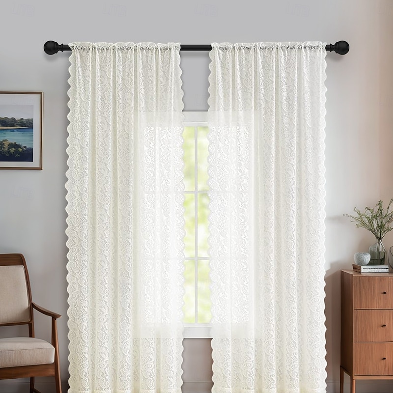 Curtain Drapes French Vintage Lace Sheer Curtains - Decorative Privacy Drapes for Living Room & Bedroom, Room Divider2