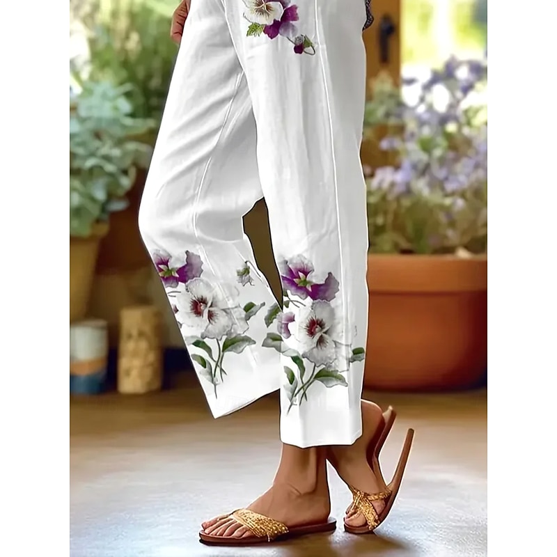 Women's Chinos Vacation Vintage Casual Ankle-Length High Waist Floral Graphic Pocket Soft Outdoor Breathable Inelastic Outdoor Vacation Street White / Green Lilac Summer Spring Fall Regular Fit3