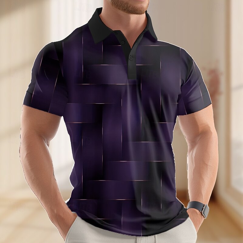 Men's Geometric Abstract Polo Short Sleeve Polo Shirts Lapel Business Casual Business Athleisure Daily Wear 3D Print Buttons Summer Black Dark Blue Dark Purple4