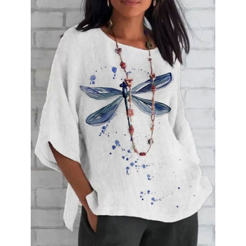Women's Shirt Dragonfly Daily Casual 3/4 Length Sleeve Crew Neck Regular Tops Daily Holiday Print White Blue Green Summer Spring Fall