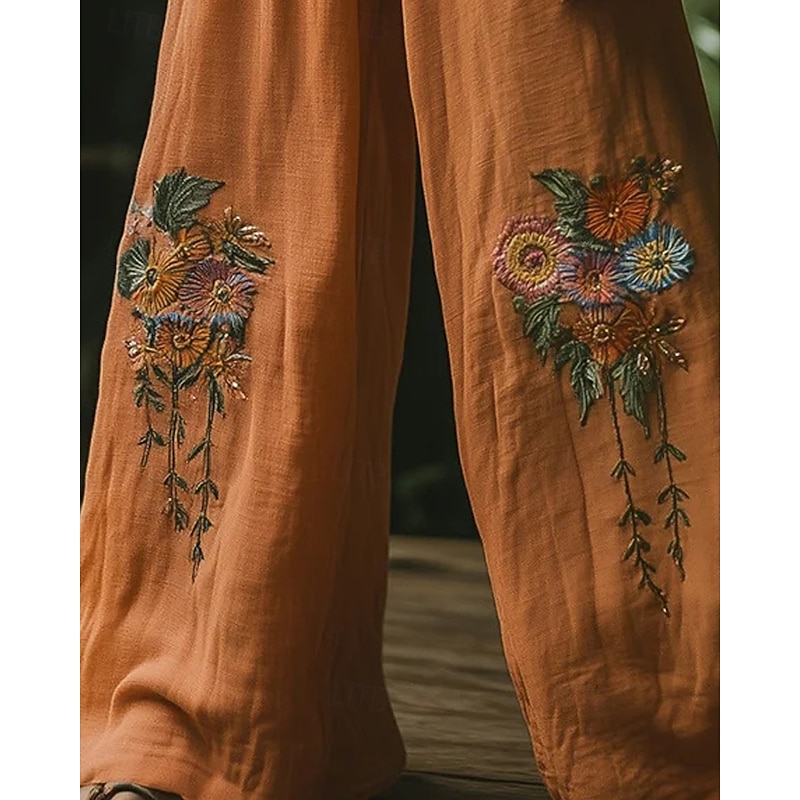 Women's Wide Leg Pants Trousers Palazzo Pants Fashion Boho Full Length High Waist Flower Elastic Waist Print Breathability Comfortable Street Daily Wear Going out Orange Spring Fall Regular Fit3