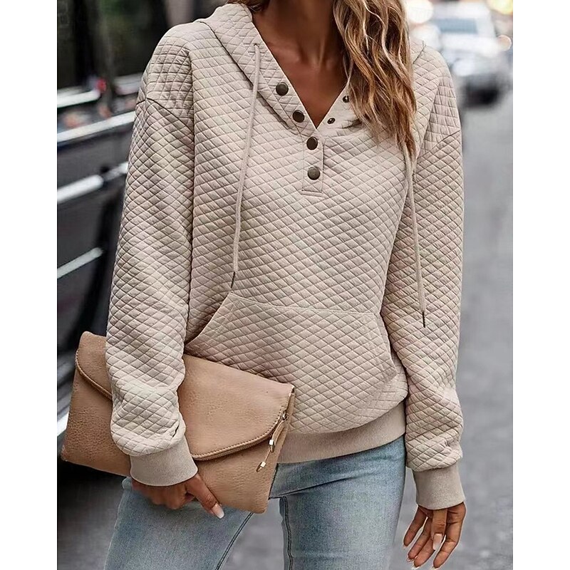 Women's Texture Sweatshirt Waffle Sweatshirt  Pullover Hoodie Sweatshirt Plain Streetwear Casual Comfy Long Sleeve Hooded Regular Tops Street Holiday Going out Buttons Beige Fall2