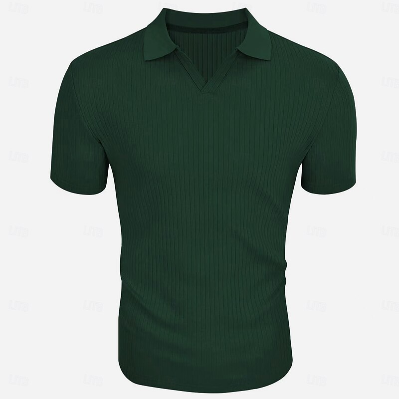 Men's Golf Shirt Casual Sports Lapel Ribbed Polo Collar Short Sleeve Fashion Basic Plain Vertical Stripes Classic Summer Spring All Seasons Regular Fit Wine Black Green Navy Blue Golf Shirt2
