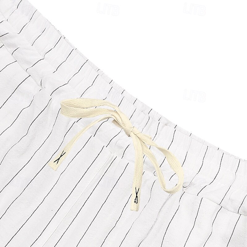 Men's Shorts Linen Shorts Summer Shorts Beach Shorts Pocket Elastic Waist Drawstring Stripe Comfort Breathable Short Vacation Holiday Beach Hawaiian Boho Black White4