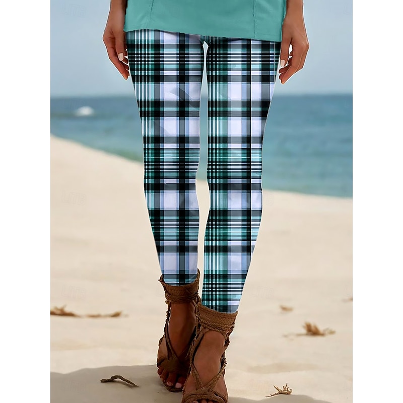 Women's Leggings Vacation Vintage Ethnic Style Ankle-Length High Waist Graphic Plaid Checkered 3D Print Breathability Soft Comfortable Stretchy Outdoor Vacation Home Maroon Robin's Egg Blue Light2