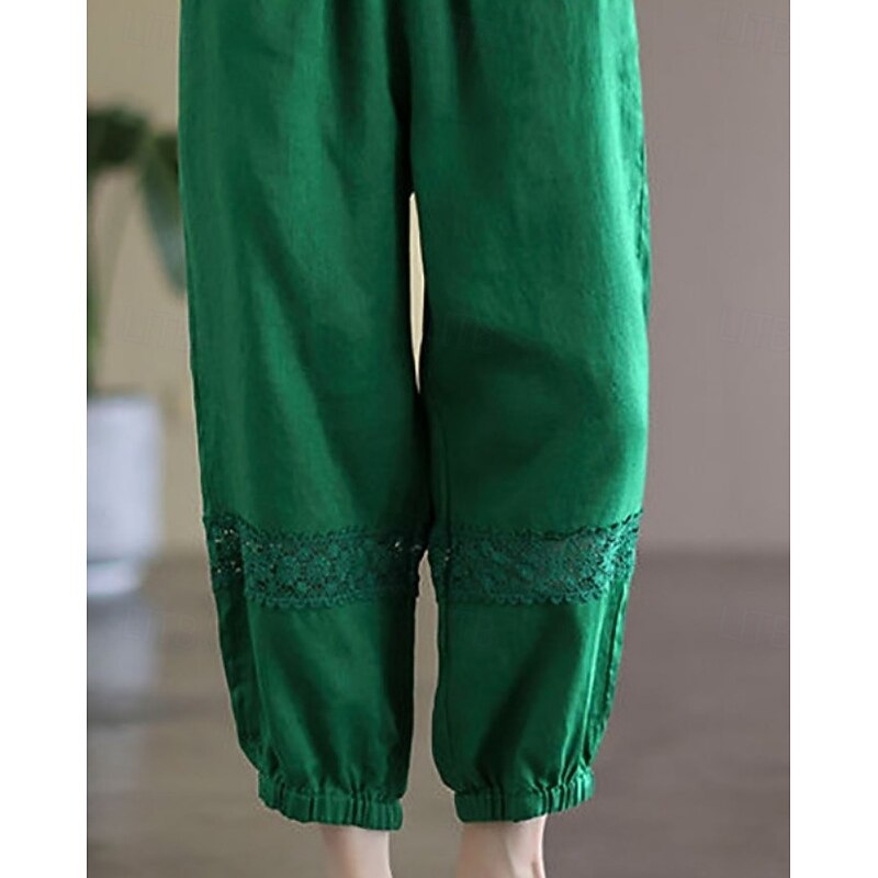 Women's Cotton Linen Pants Chinos Basic Casual Full Length High Waist Floral Embroidered Comfort Outdoor Inelastic Vacation Street Causal Green Apricot Coffee Summer Spring Fall Regular Fit4