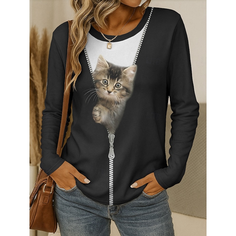 Women's T shirt Crew Neck Long Sleeve Tunic Graphic Animal Cat Vintage Stylish Classic  Round Neck Regular Tops Daily Weekend Print Black and White Black White Yellow Pink Spring Fall4