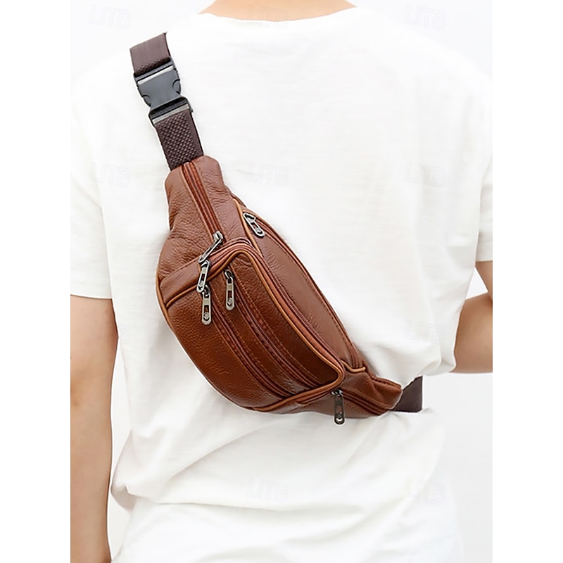 Men's Genuine Leather Waist Bag – Multi-Pocket Crossbody Fanny Pack with Adjustable Strap, Durable Zippers, and Casual Outdoor Style for Travel, Hiking and Daily Use