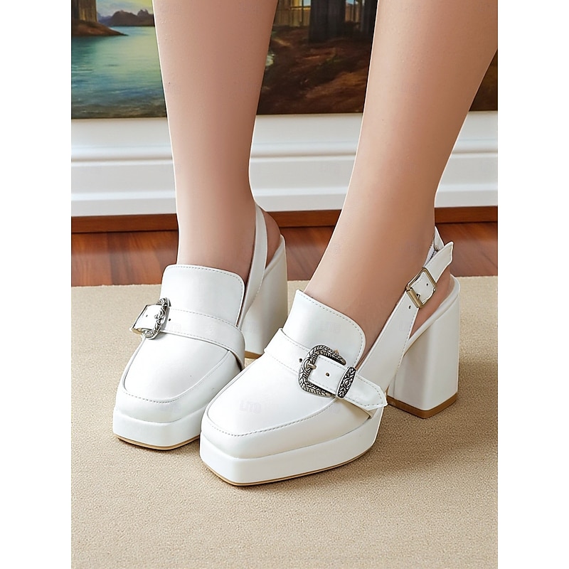 Women's Black Slingback Platform Loafers - Chunky Heel Dress Shoes with Western Buckle for Office, Parties, and Vintage-Inspired Outfits