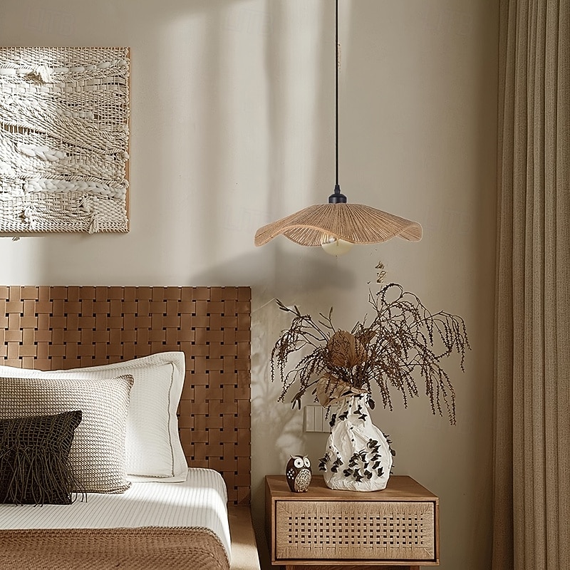 Scandinavia Rattan Pendant Light, Boho Vintage Braided Rope Design, 9cm Height, Warm White/White Light, E26/E27, Adjustable Chain2