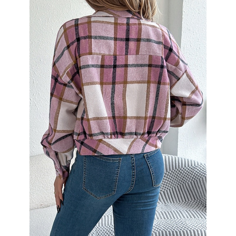 Women's Shirt Jacket Casual Jacket Comfortable Breathable Buttons Print Casual Plaid Vacation Street Casual Daily Wear Single Breasted Short Stand Collar Regular Fit Long Sleeve Outerwear Pink3