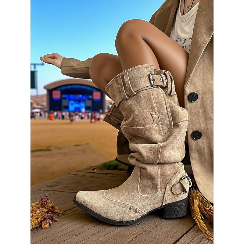 Women's Slouchy Suede Cowboy Boots - Western Buckle Mid-Calf Boots with Low Block Heel, Casual Outdoor and Music Festival Riding Shoes3