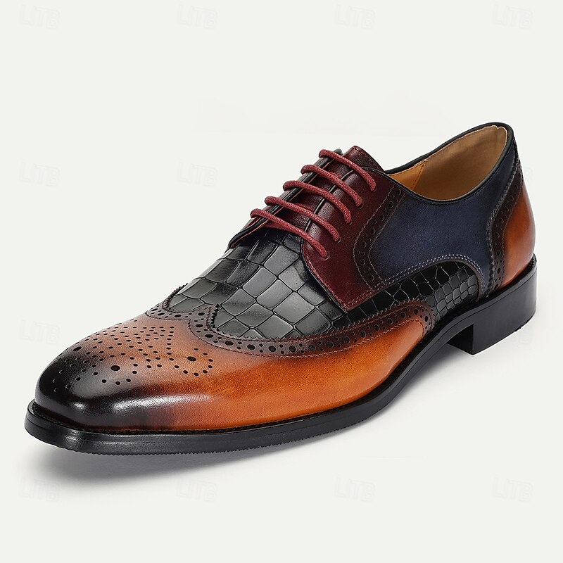 Men’s Wingtip Brogue Genuine Leather Dress Shoes – Dual-tone Crocodile Embossed Lace-up Style for Banquets, Vintage Fashion and Evening Parties2