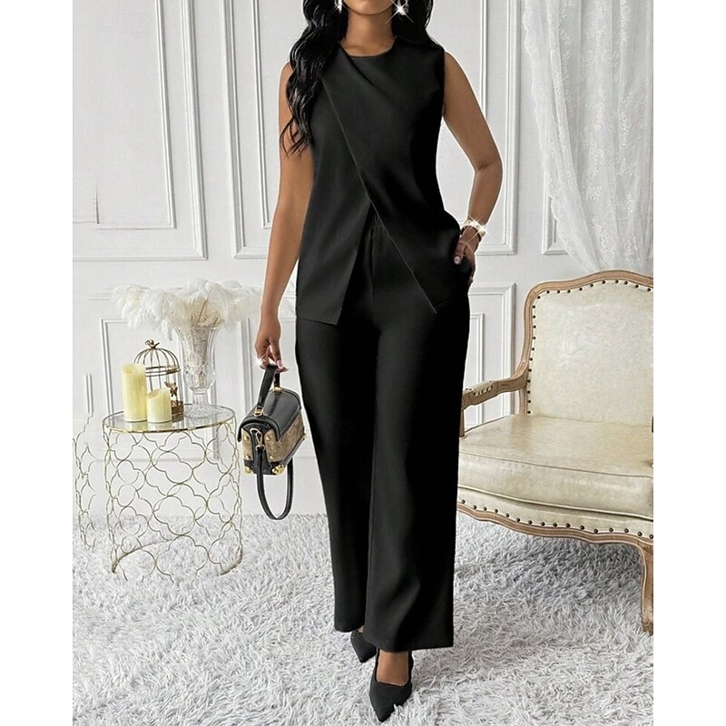 Women's Elegant Fashion Pants Sets Bolero Top Sleeveless Crew Neck Solid Color Vacation Casual Daily Black White Red Summer Regular Fit3