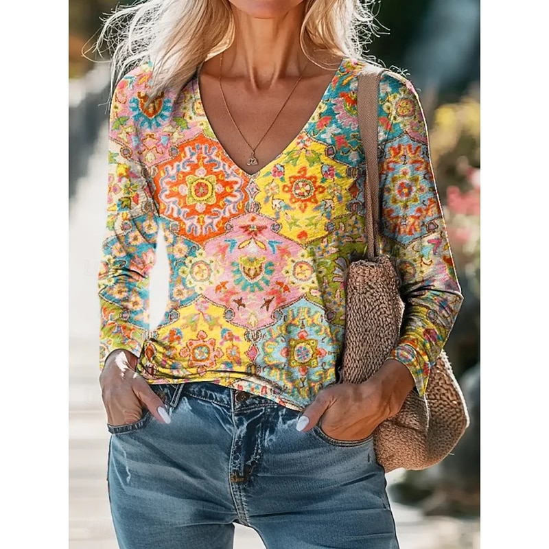 Women's Blouse Floral Paisley Bohemia Daily Long Sleeve V Neck Regular Tops Daily Holiday Print White Yellow Pink Blue Purple Summer Spring Fall3